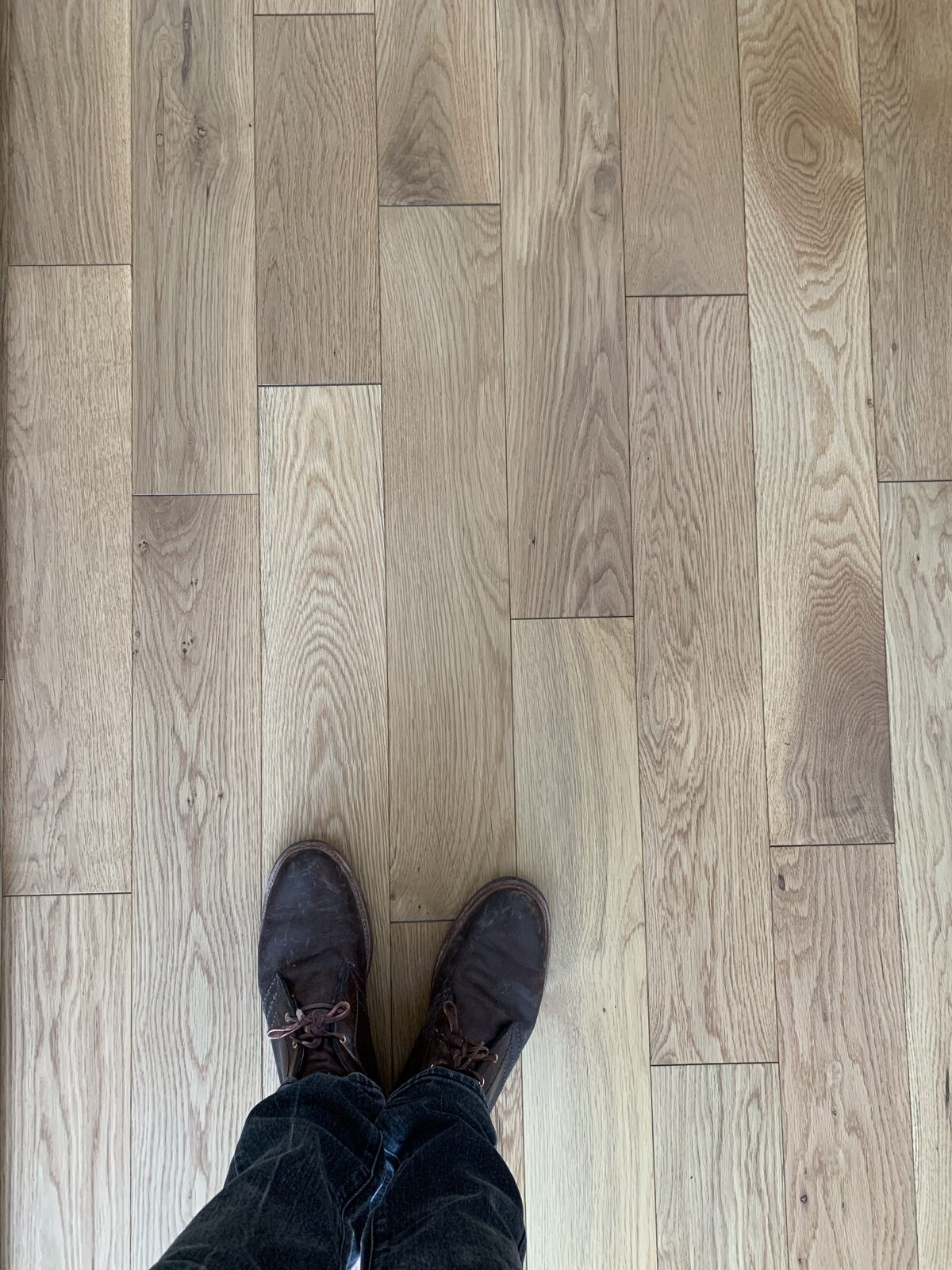 Freshly laid white oak planks seen from above